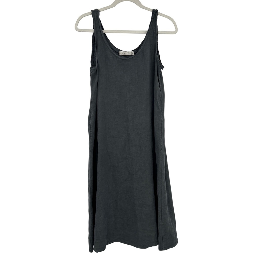 Cut Loose XS Gray 100% Linen Sleeveless Shift Midi Dress Made in USA Pockets